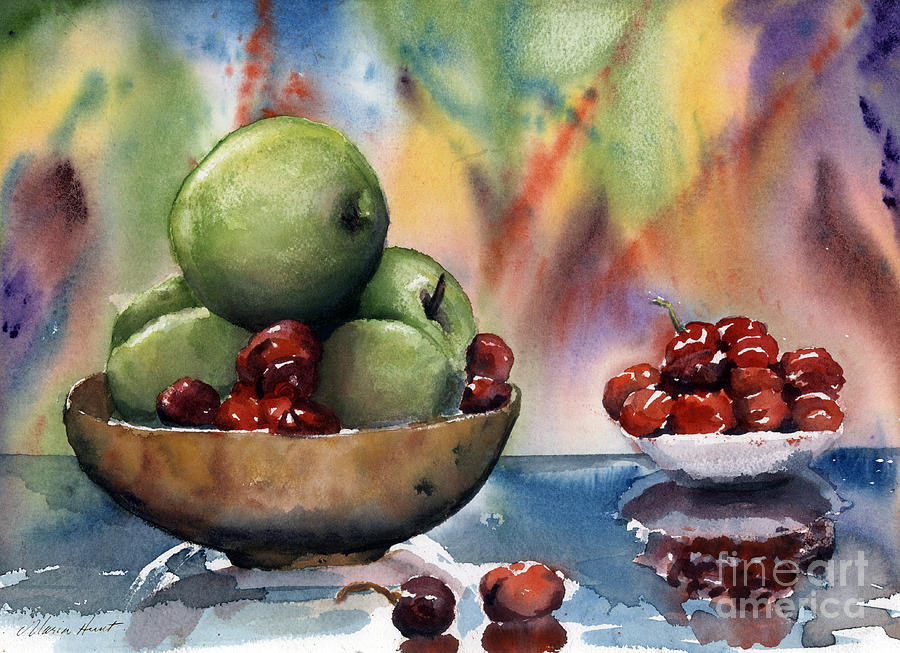 Apples in a Wooden Bowl With Cherries on the Side Painting by Maria Hunt