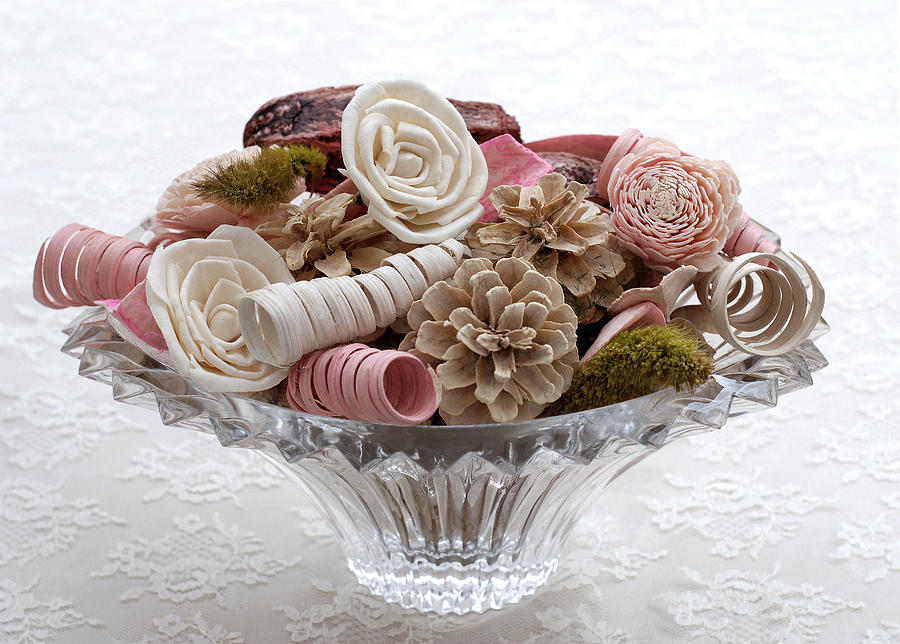 Bowl of Potpourri on Lace Photograph by Connie Fox