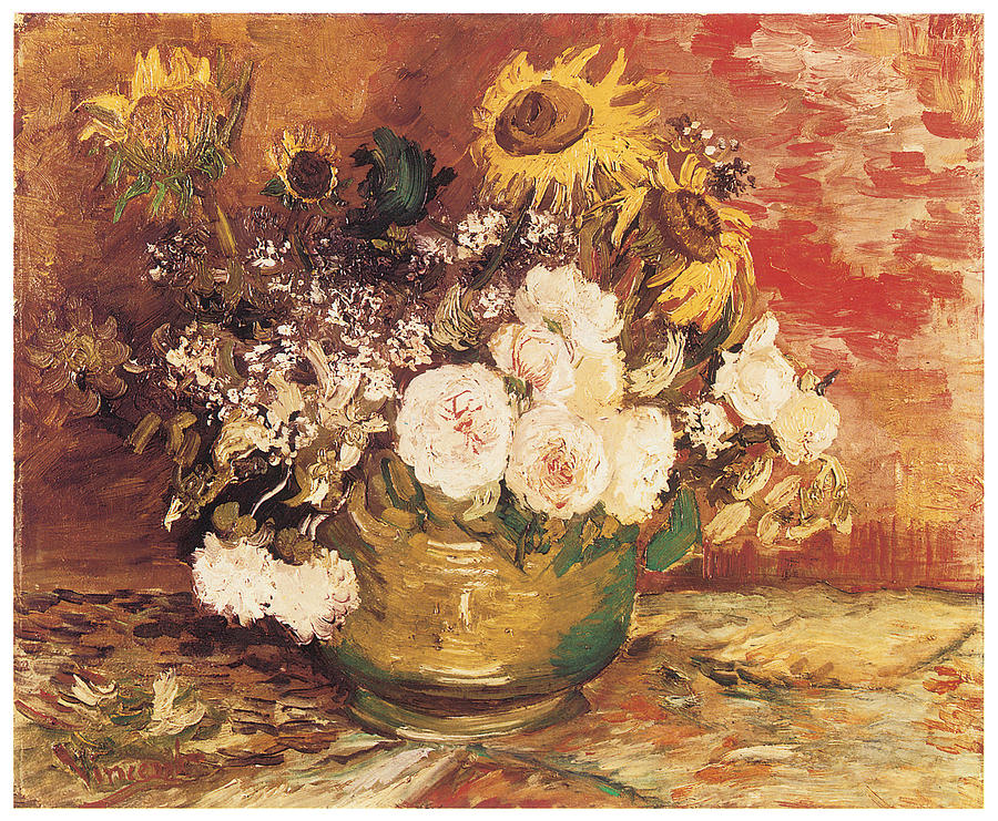 Vincent Van Gogh Painting - Bowl of Sunflowers Roses and Other Flowers by Vincent Van Gogh