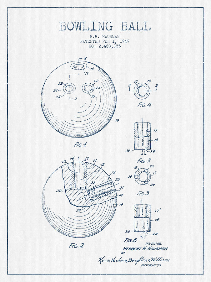 Vintage Digital Art - Bowling Ball Patent Drawing from 1949 - Blue Ink by Aged Pixel