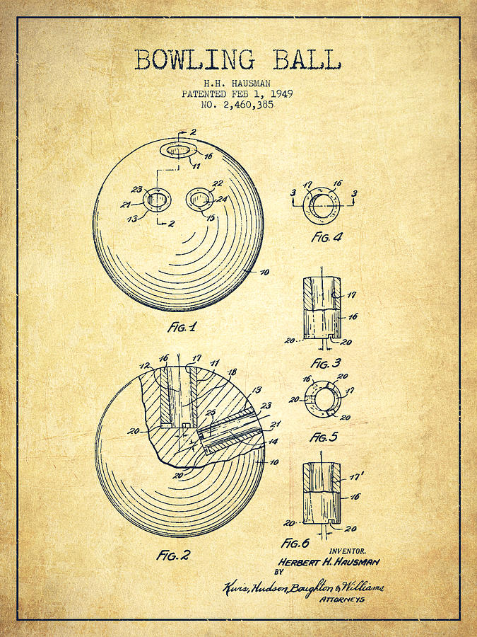 Bowling Ball Patent Drawing From 1949 - Vintage Digital Art