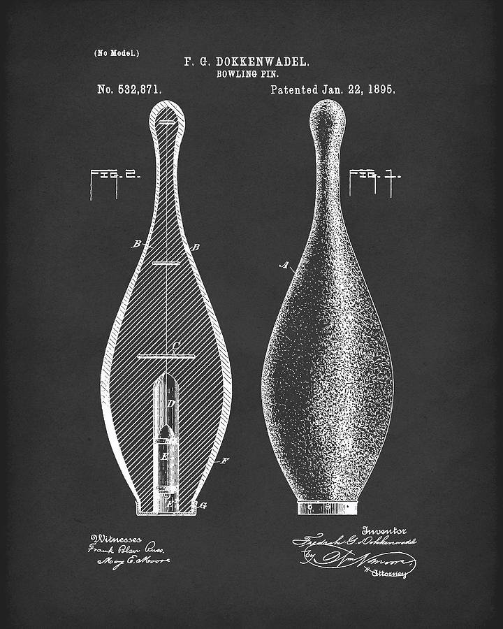 Bowling Pin 1895 Patent Art Black Drawing by Prior Art Design