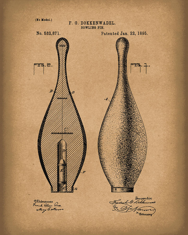 Bowling Pin 1895 Patent Art Brown Drawing by Prior Art Design