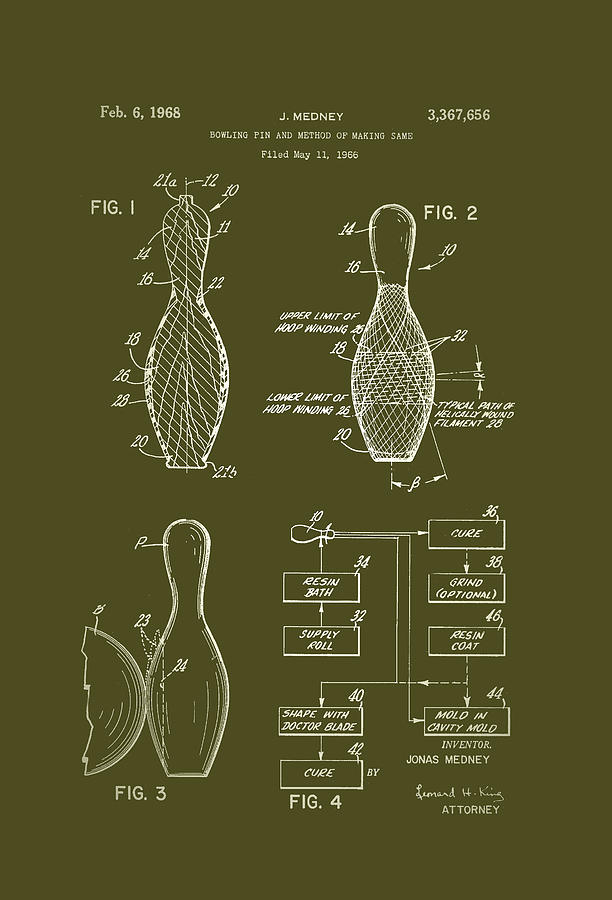 Vintage Drawing - Bowling Pin Patent 1968 by Mountain Dreams