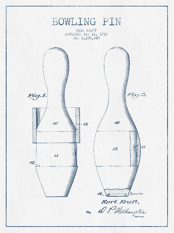 Vintage Digital Art - Bowling Pin Patent Drawing from 1938 - Blue Ink by Aged Pixel