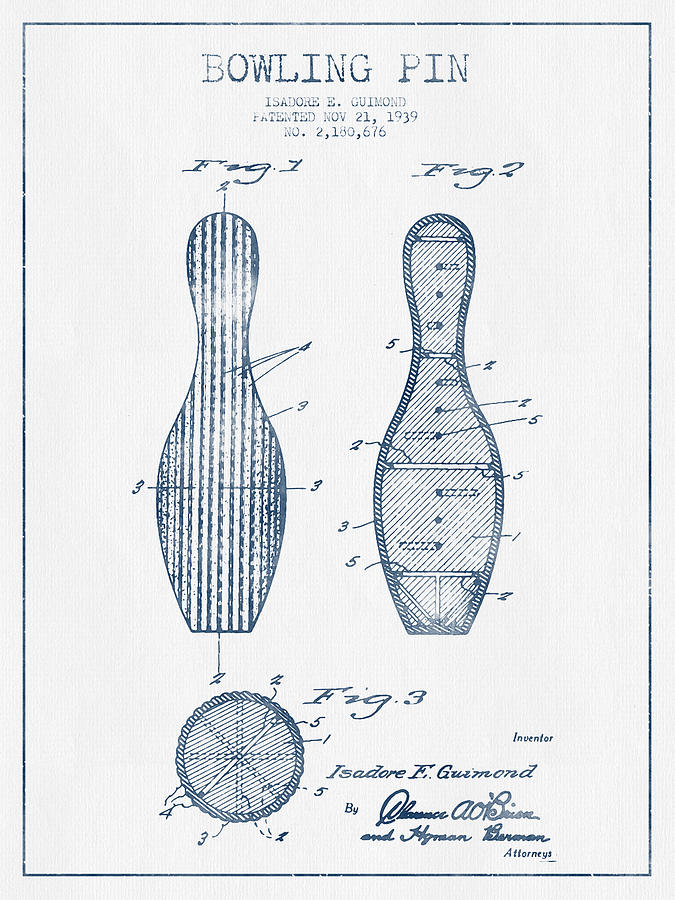 Bowling Pin Patent Drawing From 1939 - Blue Ink Digital Art