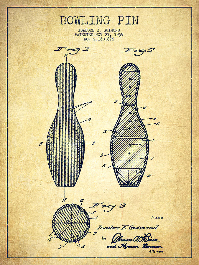 Vintage Digital Art - Bowling Pin Patent Drawing from 1939 -Vintage by Aged Pixel