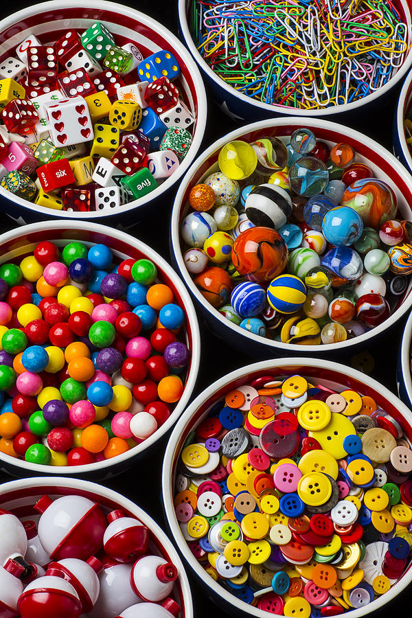 Bowls of buttons and marbles Photograph by Garry Gay
