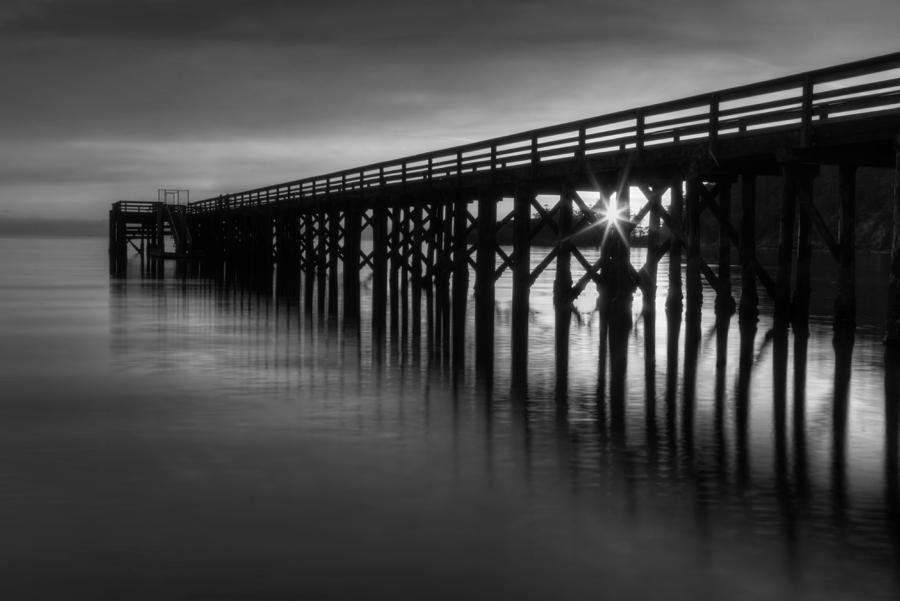 Bowman Bay Pier Sunset- Black and White Photograph by Mark Kiver