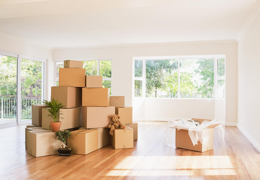 Boxes stacked in living room of new house Photograph by Martin Barraud