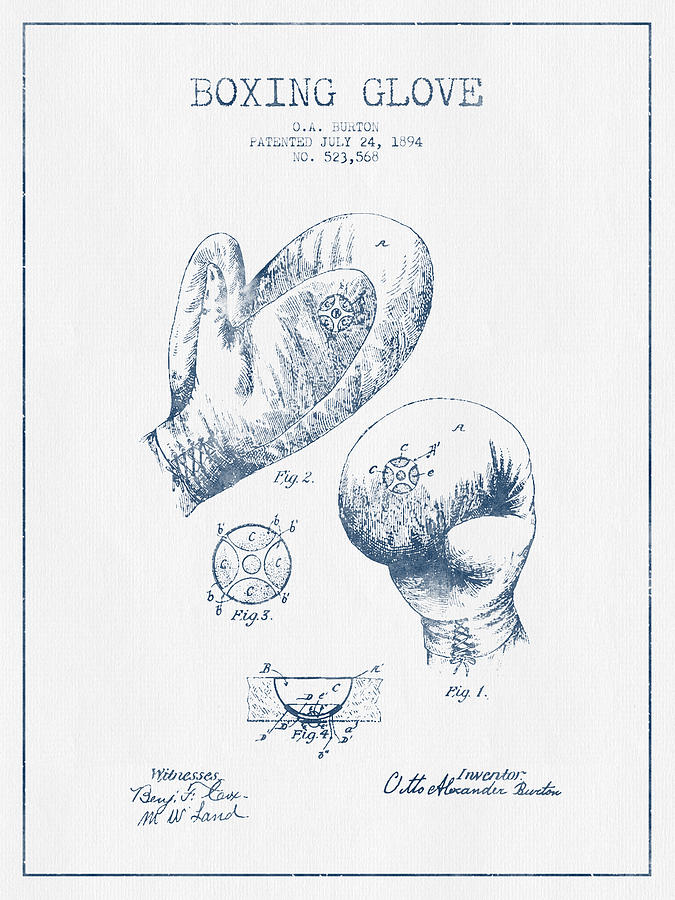 Vintage Digital Art - Boxing Glove Patent Drawing from 1894  -  Blue Ink by Aged Pixel