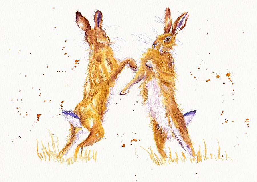 Boxing Hares Painting by Debra Hall