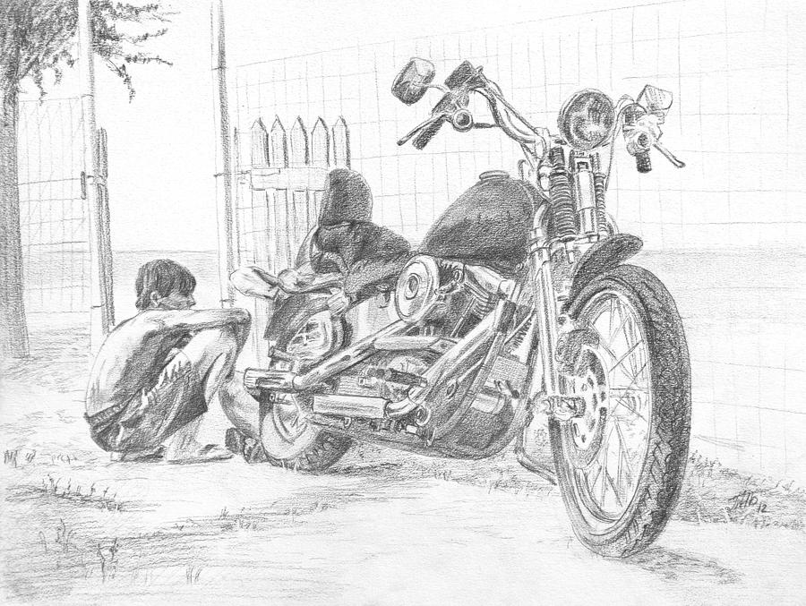 Boy And Motorcycle Drawing by Masha Batkova