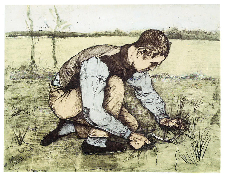 Vincent Van Gogh Drawing - Boy Cutting Grass with a Sickle by Vincent Van Gogh