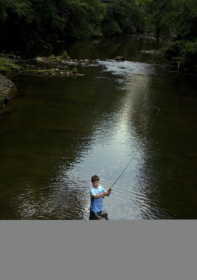 Nature Photograph - Boy Fly Fishes In River In Nc by Darron R. Silva
