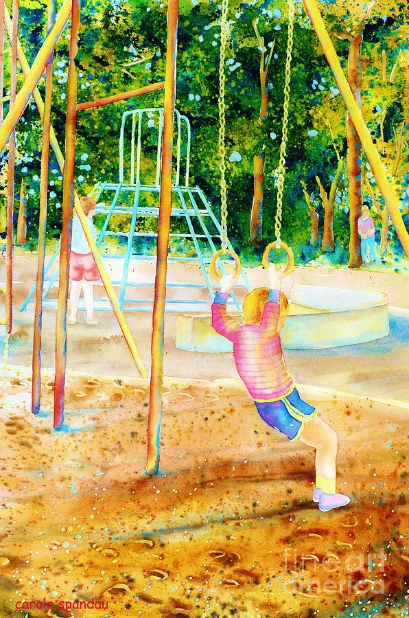 Portrait Painting - Boy Hanging On Gymnastic Rings In Park Paintings Montreal Park Scenes Carole Spandau by Carole Spandau