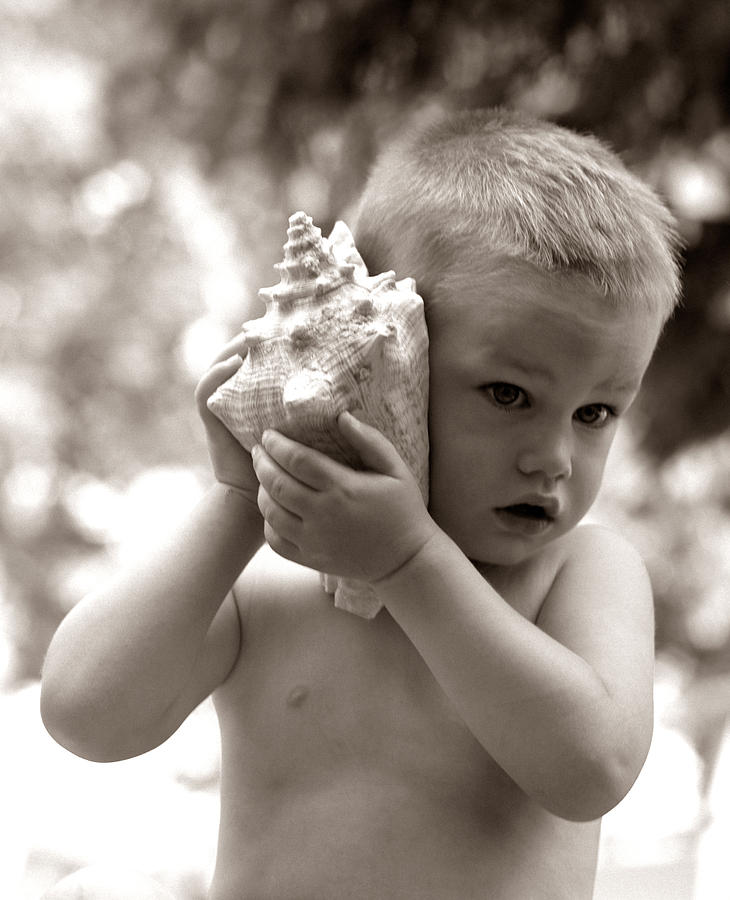 Boy Holding Seashell To Ear, C.1960s Photograph by H Armstrong Roberts and ClassicStock