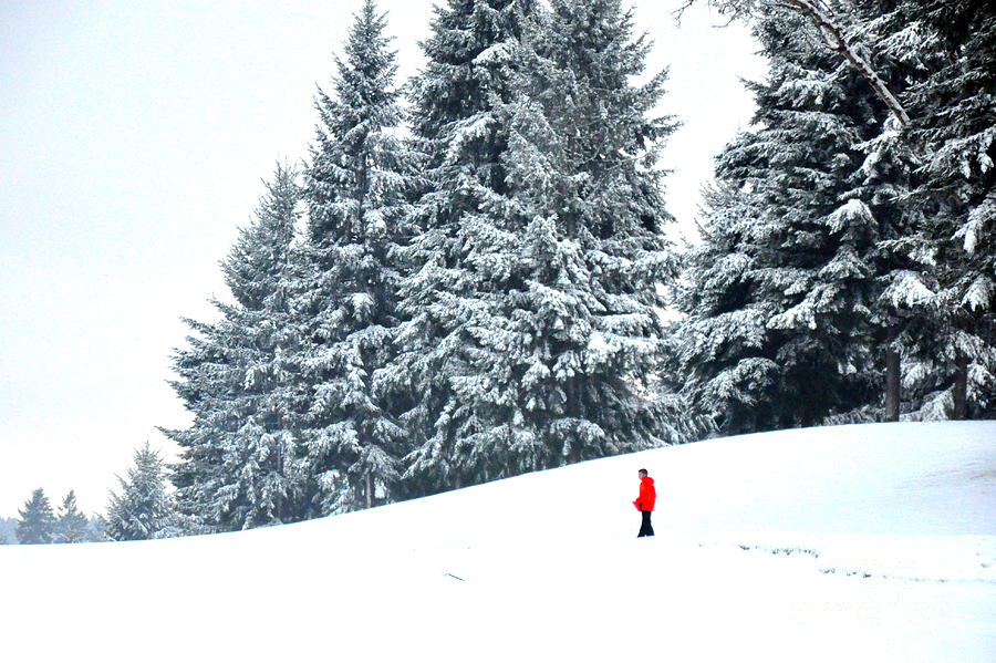 Boy in the Red Coat Walking on the Snowy Golf Course Photograph by Tatyana Searcy