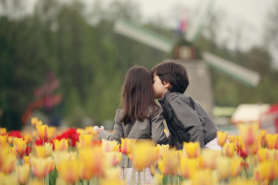 Boy kissing sister on cheek surrounded by tulips. Photograph by Susan.k.
