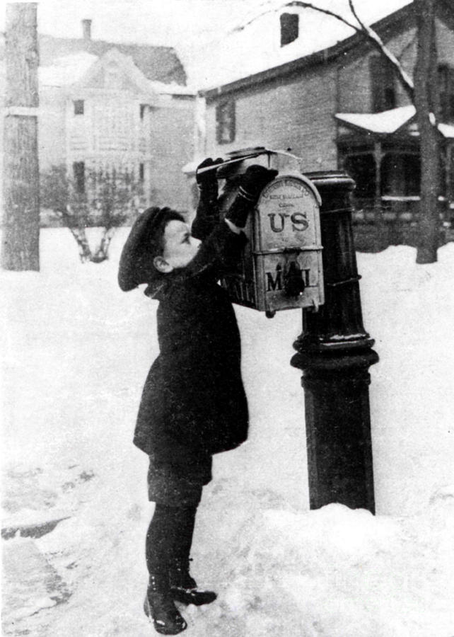 Boy Puts Letter Into Mailbox, C. 1880 Photograph by Photo Researchers
