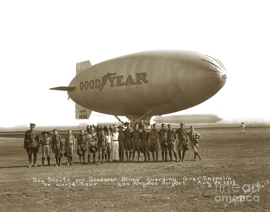 Los Angeles Photograph - Boy Scouts and Good year Blimp guarding Graf Zeppelin Los Angeles Airport Aug. 26 1929 by Monterey County Historical Society