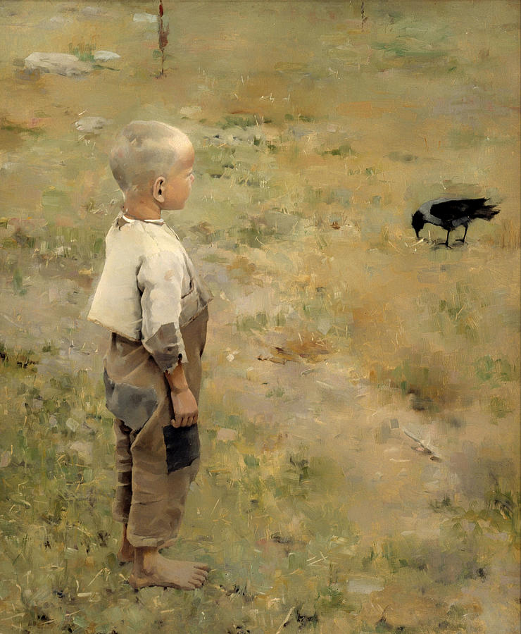 Vintage Painting - Boy with a Crow by Mountain Dreams