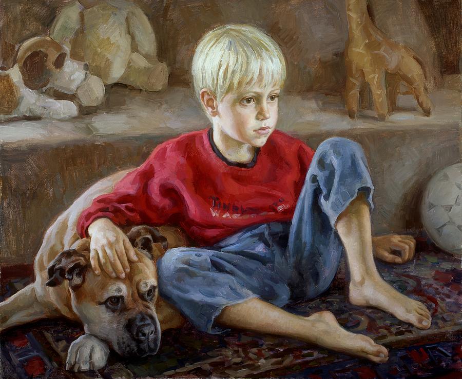 Boy with a dog Painting by Serguei Zlenko