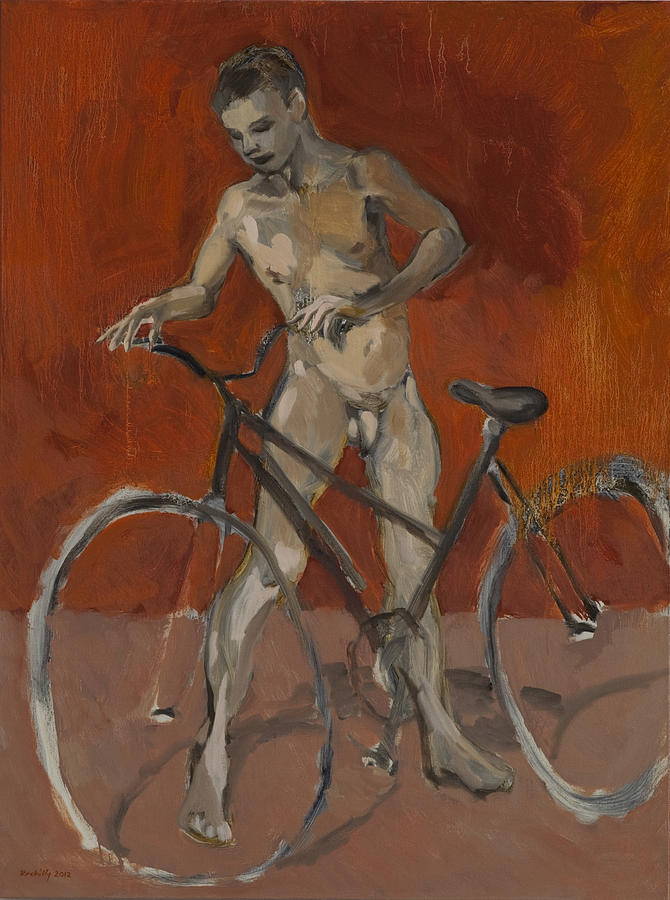 Boy with bicycle red oxide Painting by Peregrine Roskilly
