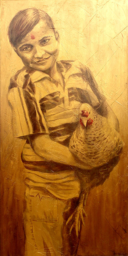 Chicken Painting - Boy with Chicken by Joe Pagac
