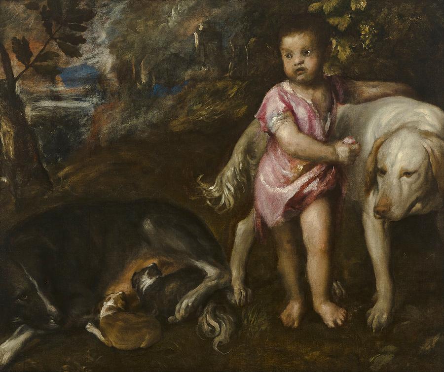 Portrait Painting - Boy with Dogs in a Landscape by Titian