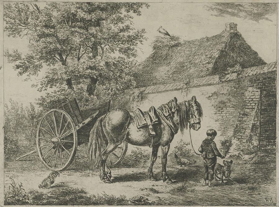 Stork Drawing - Boy With Horse And Dog, Print Maker Christiaan Wilhelmus by Christiaan Wilhelmus Moorrees