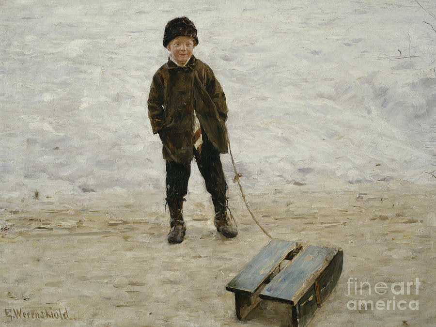 Boy with sledge Painting by Erik Werenskiold