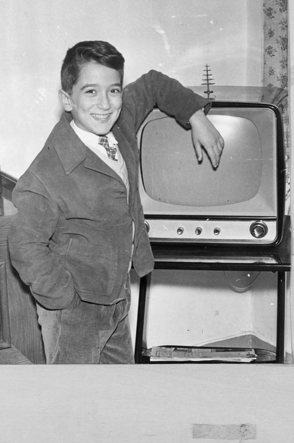 Boy with Vintage TV,1950,Black And White. Photograph by Lisa-Blue