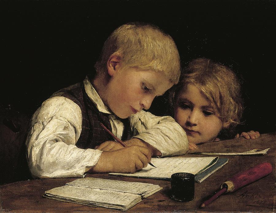 Pen Photograph - Boy Writing With His Sister, 1875 Oil On Canvas by Albert Anker