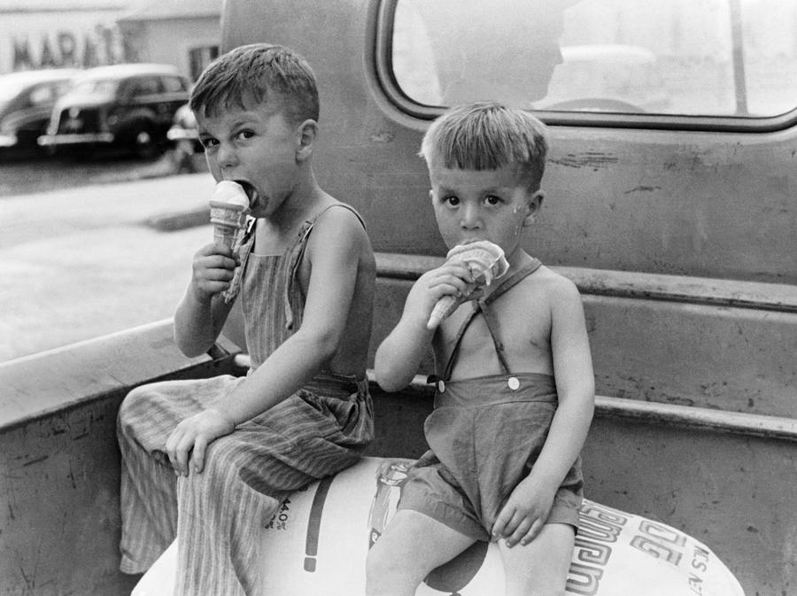Ice Cream Photograph - Boys Eating Ice Cream Cones by Underwood Archives  John Vachon