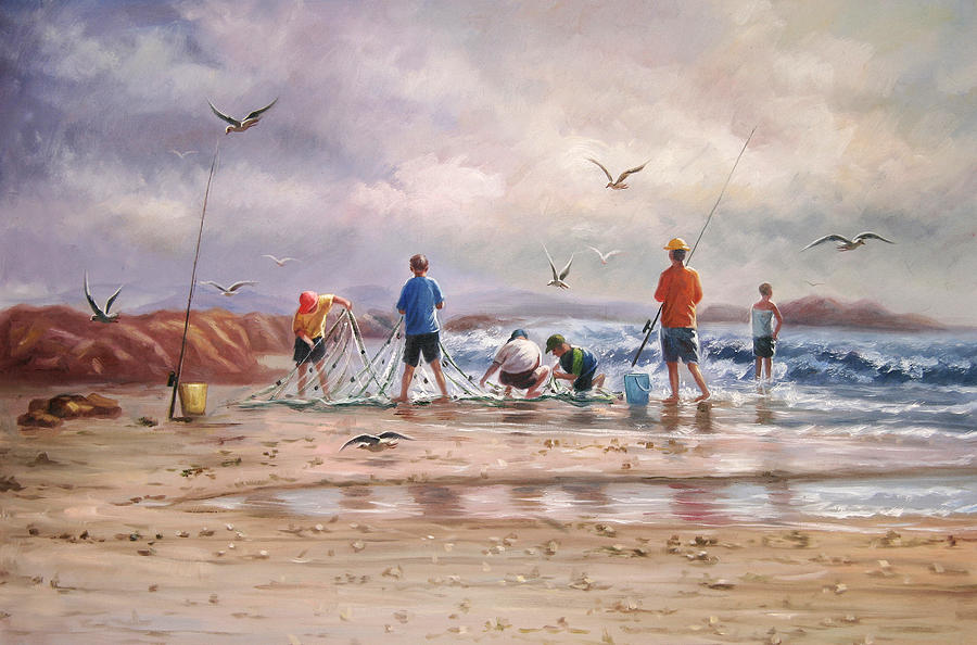 Bird Painting - Boys Fishing On The Beach by Unknown