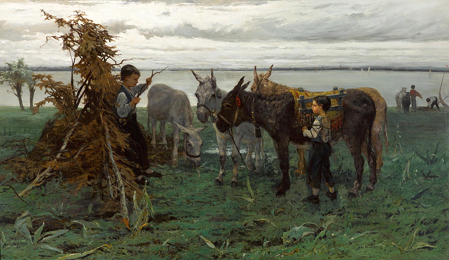 Boys herding donkeys Painting by Willem Maris