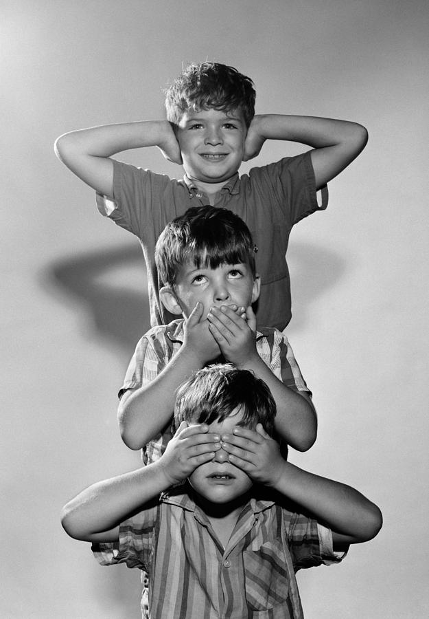 Portrait Photograph - Boys Mime 3 Wise Monkeys, C.1960s by D. Corson/ClassicStock
