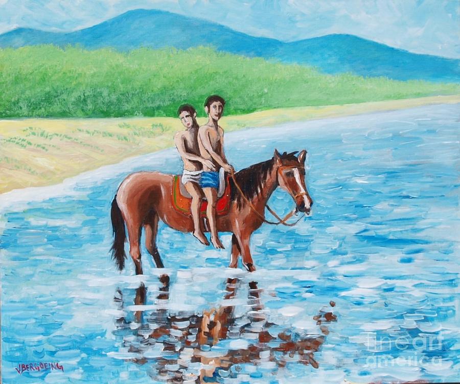 Boys on a horse in the River Painting by Jean Pierre Bergoeing