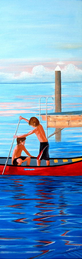 Boat Painting - Boys on the Bay by Illona Battaglia Aguayo