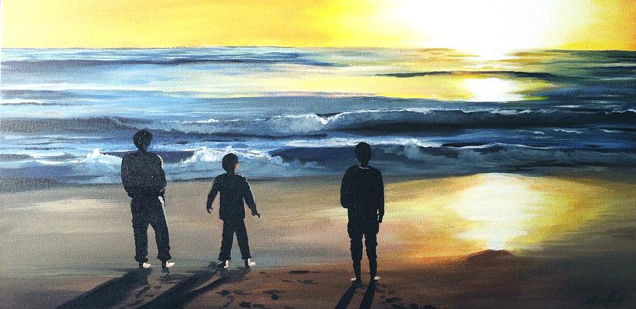 Sunset Painting - Boys on the beach by Lisa Ivey