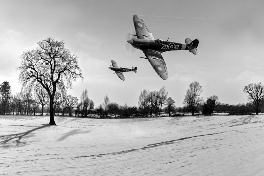 Low-flying Spitfires black and white version Photograph by Gary Eason