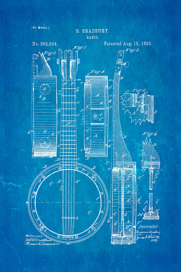 Music Photograph - Bradbury Banjo Patent Art 1882 Blueprint by Ian Monk