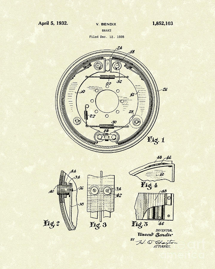 Brake 1932 Patent Art Drawing by Prior Art Design