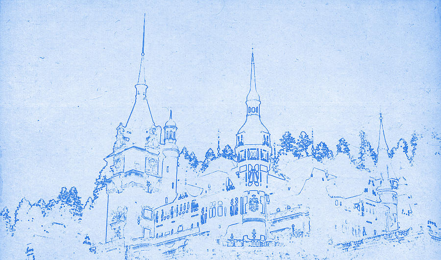 Bran Castle in Transylvania in Romania - BluePrint Drawing Digital Art by MotionAge Designs