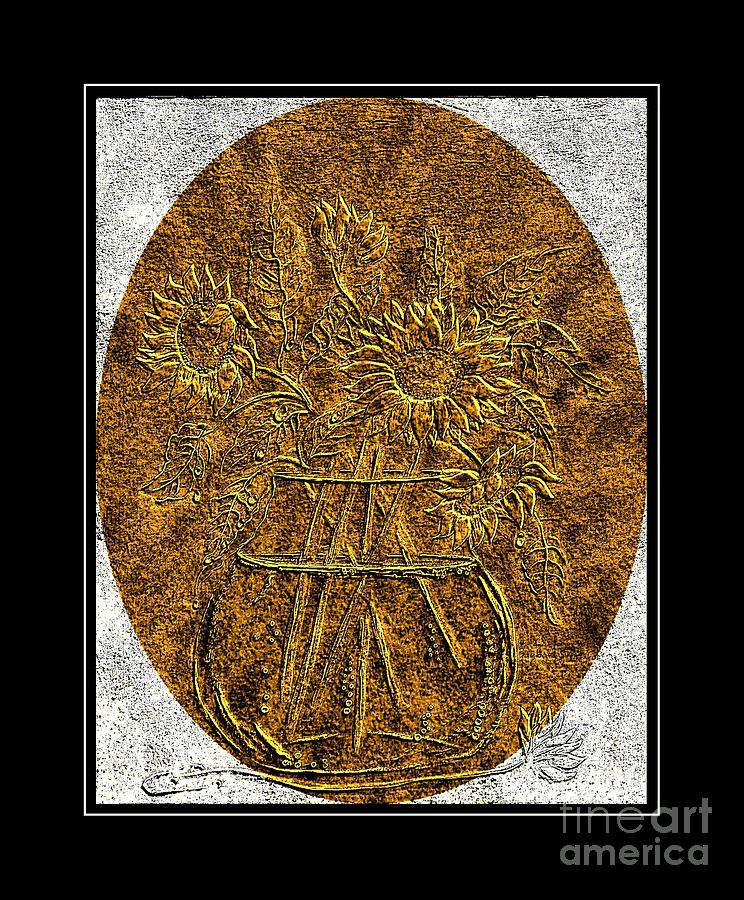 Brass Etching - Oval - Sunflowers Digital Art by Barbara A Griffin