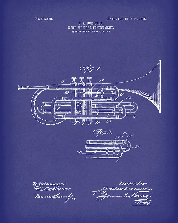 Music Drawing - Brass Musical Instrument 1906 Patent Art Blue by Prior Art Design