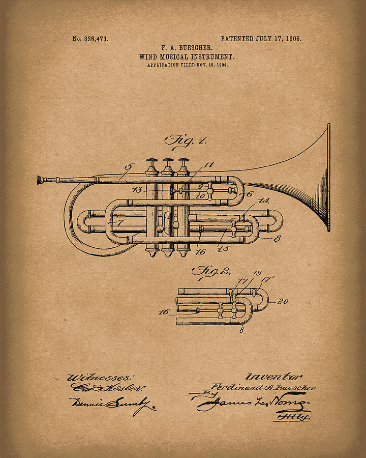 Music Drawing - Brass Musical Instrument 1906 Patent Art Brown by Prior Art Design