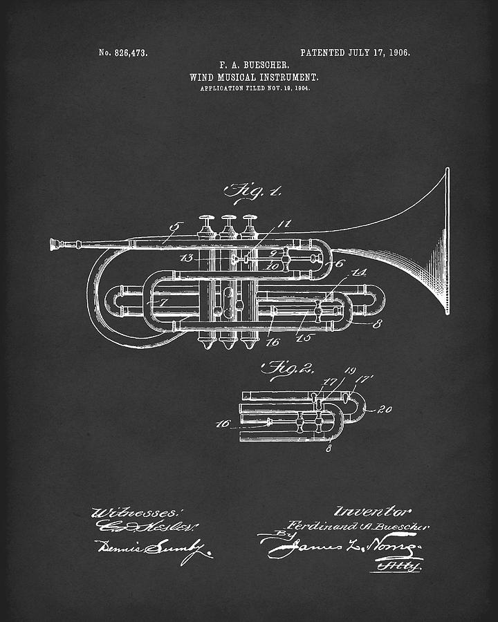 Music Drawing - Brass Musical Instrument 1906 Patent Black by Prior Art Design
