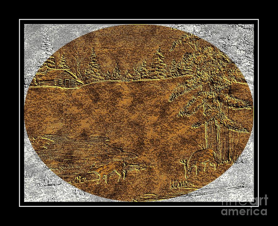 Brass-type Etching - Oval - Deer Family at the Cabin Mixed Media by Barbara A Griffin